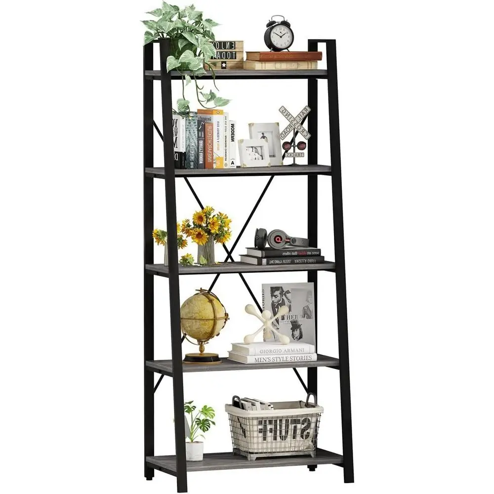 Home Office Bookshelves - 5-stufiges Leiter-Bücherregal, Industriestil, Holz und Metall,