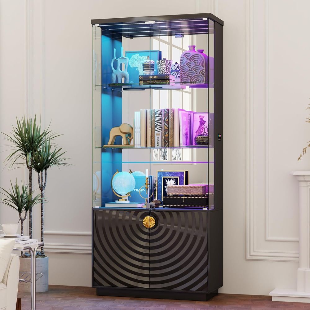 Bookcase Wood Shelf - 71 Glas-Vitrine, 4-stufiger Schaukasten mit 3-Farben-LED-Beleuchtung,