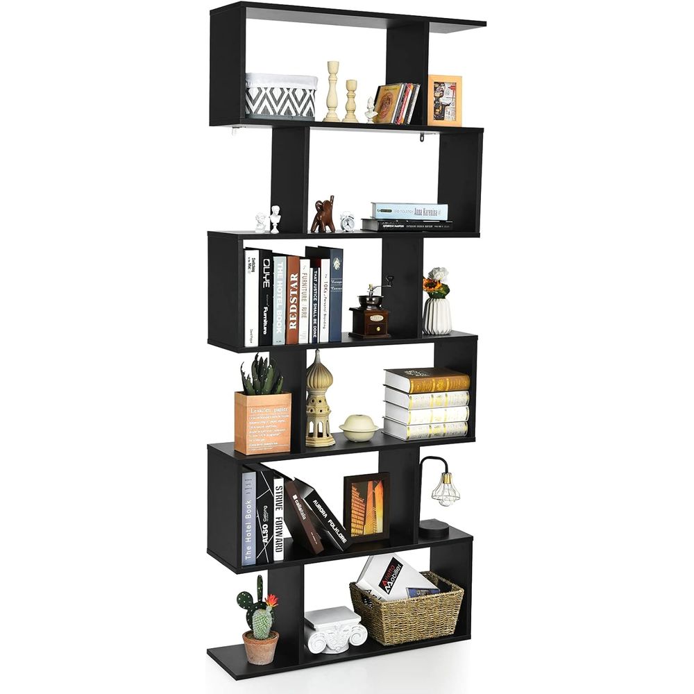 Bookcase Wood Shelf - 6-stufiges S-förmiges Holz-Bücherregal, 31,5 L x